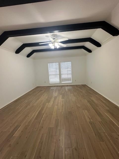 bonus room featuring vaulted ceiling with beams, ceiling fan, and dark hardwood / wood-style flooring