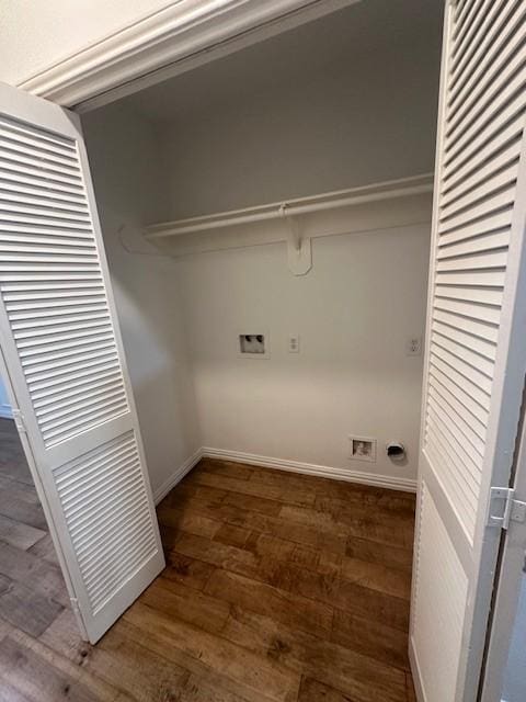 washroom with dark wood-type flooring, hookup for a washing machine, and hookup for an electric dryer