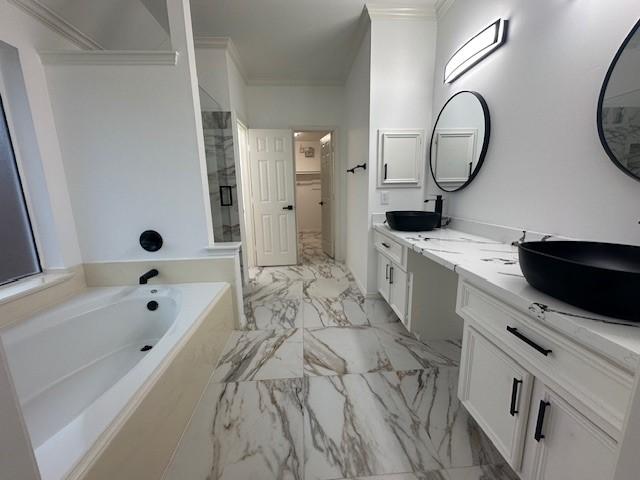 bathroom featuring vanity, ornamental molding, and separate shower and tub