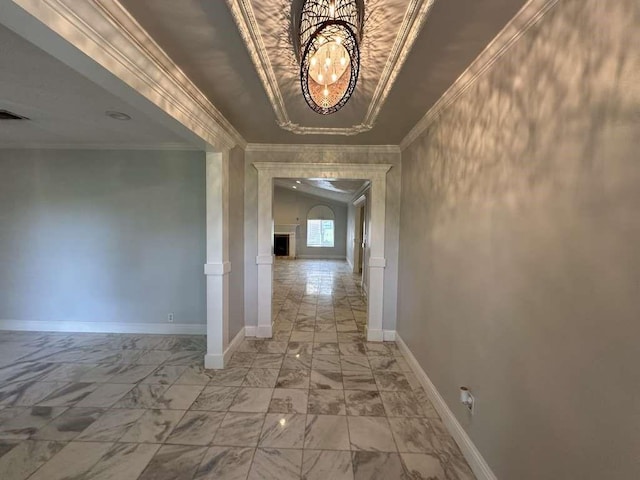 hallway featuring ornamental molding