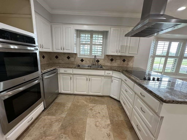 kitchen with island exhaust hood, stainless steel appliances, white cabinets, and sink