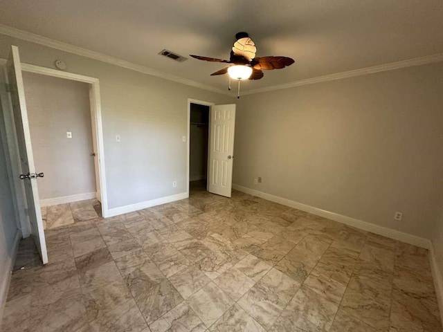 unfurnished bedroom with ceiling fan and ornamental molding