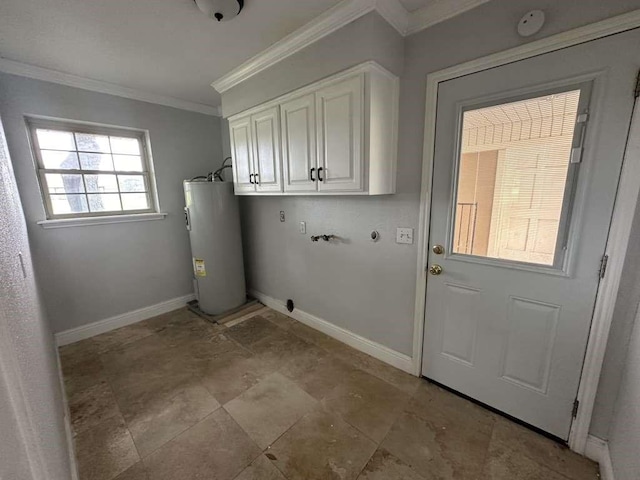 laundry area featuring water heater, hookup for an electric dryer, crown molding, and cabinets