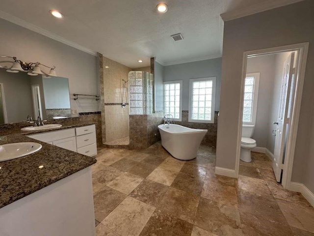 full bathroom with plus walk in shower, toilet, crown molding, and vanity