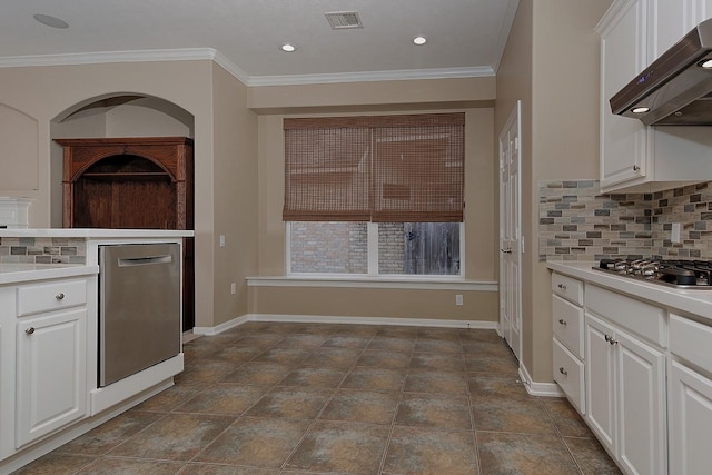 kitchen with white cabinetry, crown molding, wall chimney exhaust hood, and appliances with stainless steel finishes