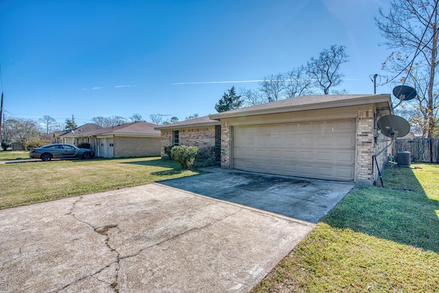 ranch-style house featuring a front lawn and central AC