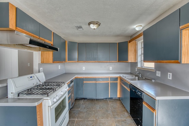 kitchen with a textured ceiling, black dishwasher, white gas range oven, and sink