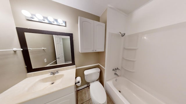 full bathroom with shower / bathing tub combination, toilet, vanity, and tile patterned flooring