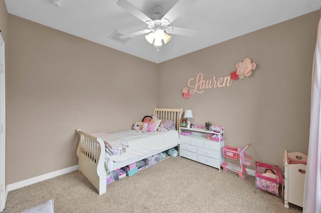 carpeted bedroom with ceiling fan