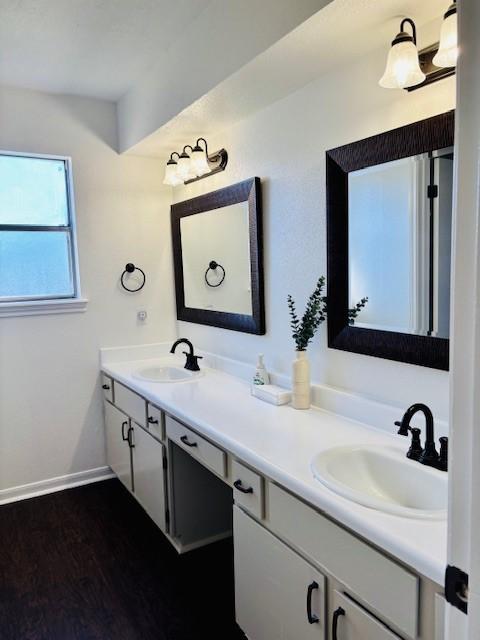 bathroom with vanity and wood-type flooring