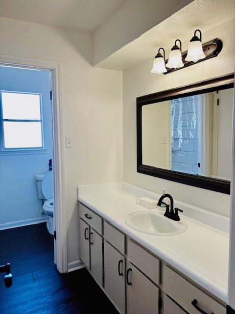 bathroom featuring toilet, wood-type flooring, and vanity