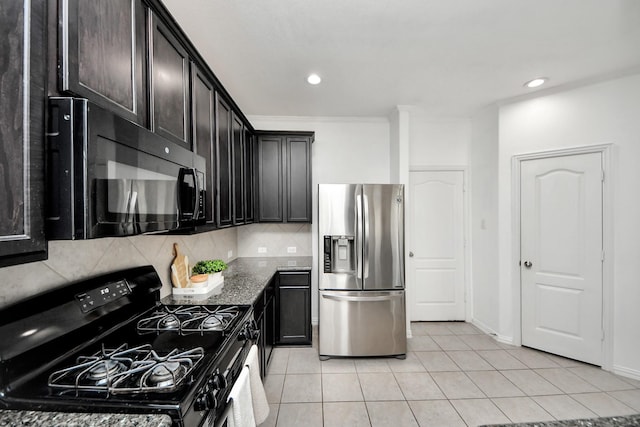 kitchen with black appliances, light tile patterned floors, ornamental molding, backsplash, and light stone counters