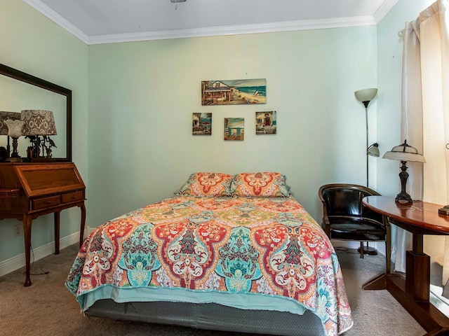 carpeted bedroom with crown molding