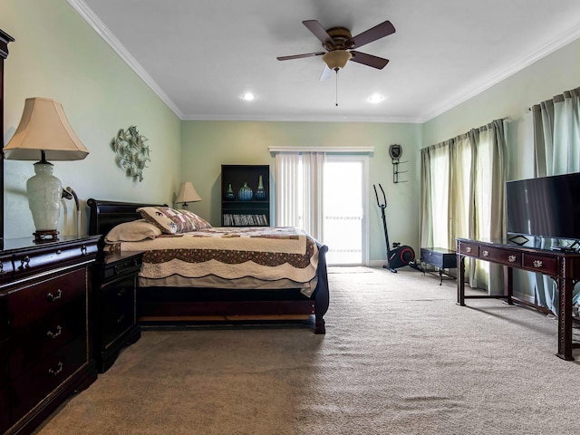 bedroom featuring ceiling fan, ornamental molding, and carpet floors