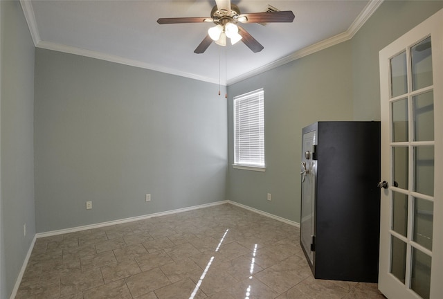 interior space with ceiling fan, ornamental molding, and french doors