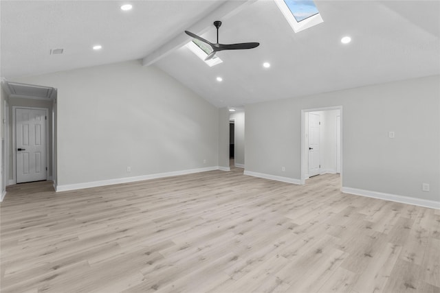 unfurnished living room with ceiling fan, light hardwood / wood-style floors, and lofted ceiling with skylight