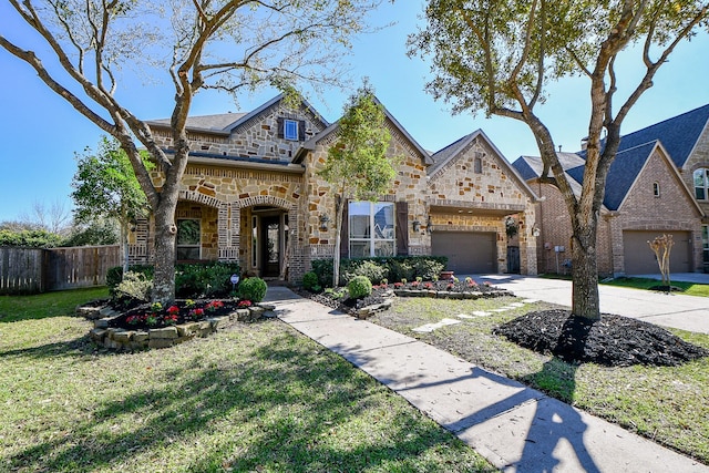 french country inspired facade with a front lawn, stone siding, fence, concrete driveway, and brick siding