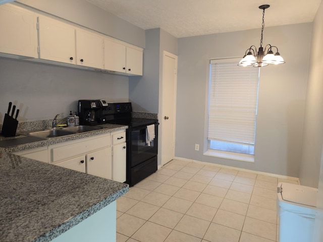 kitchen with white cabinets, hanging light fixtures, black / electric stove, and sink