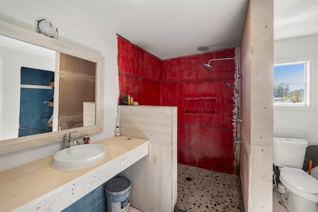 bathroom with a shower, sink, and toilet