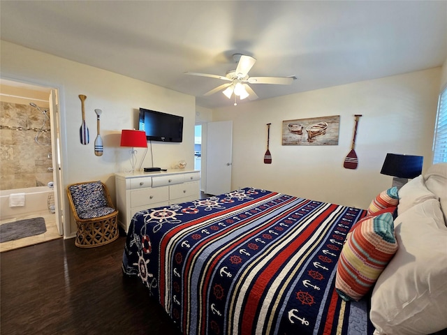 bedroom with connected bathroom, dark hardwood / wood-style floors, and ceiling fan