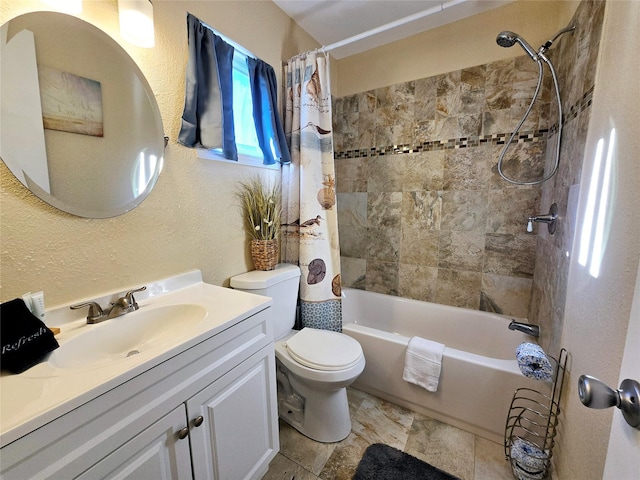 12929 John Reynolds Rd, Galveston, TX 77554 - bathroom featuring toilet, a textured wall, vanity, and shower / bath combo with shower curtain