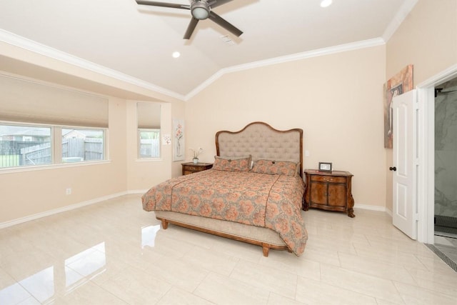 tiled bedroom featuring ceiling fan, crown molding, and lofted ceiling