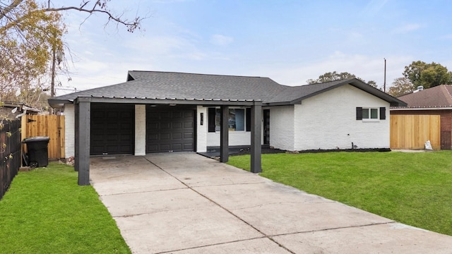 single story home featuring a garage and a front lawn