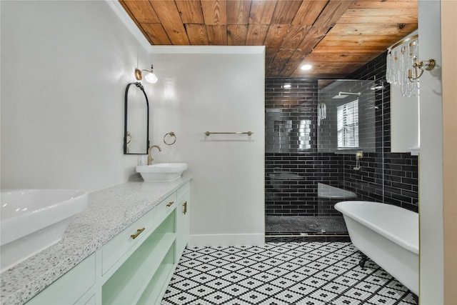 bathroom featuring wooden ceiling, separate shower and tub, and vanity