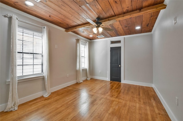 spare room with wooden ceiling, crown molding, light hardwood / wood-style floors, and ceiling fan