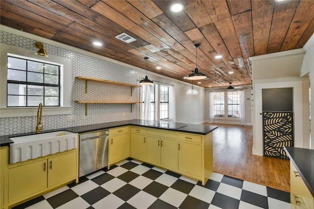 kitchen featuring wood ceiling, black electric stovetop, pendant lighting, stainless steel dishwasher, and sink