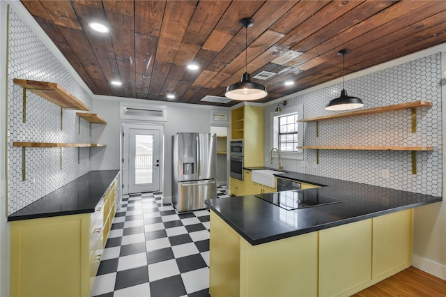 kitchen with decorative light fixtures, black appliances, decorative backsplash, sink, and wood ceiling