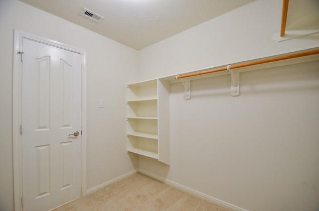 spacious closet featuring light carpet