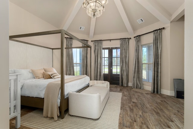 bedroom with wood-type flooring, beamed ceiling, french doors, a chandelier, and high vaulted ceiling