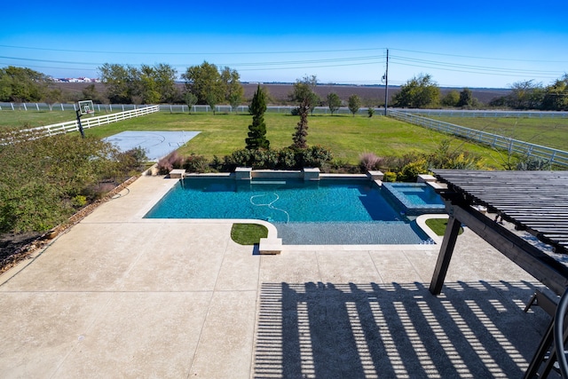 view of pool featuring a patio area, an in ground hot tub, and a yard