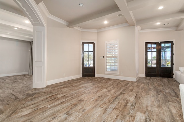 foyer entrance featuring hardwood / wood-style floors, beamed ceiling, crown molding, coffered ceiling, and french doors