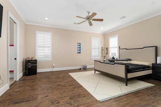 bedroom with ceiling fan, dark hardwood / wood-style flooring, and crown molding