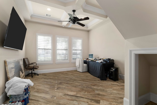 sitting room featuring hardwood / wood-style flooring, coffered ceiling, ceiling fan, crown molding, and beamed ceiling