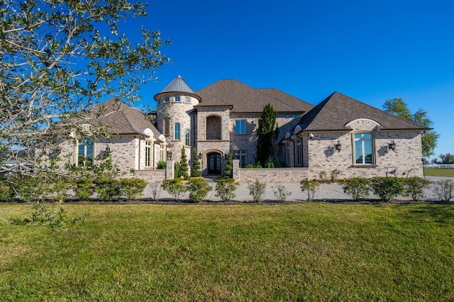 french country inspired facade featuring a front yard