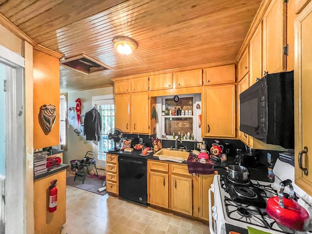 kitchen with sink, wood ceiling, and black appliances