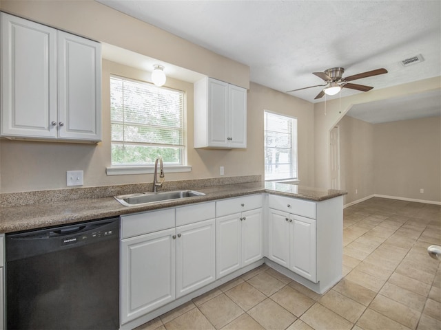 kitchen with white cabinets, black dishwasher, sink, kitchen peninsula, and ceiling fan