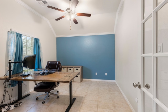 tiled office with vaulted ceiling, ceiling fan, and ornamental molding