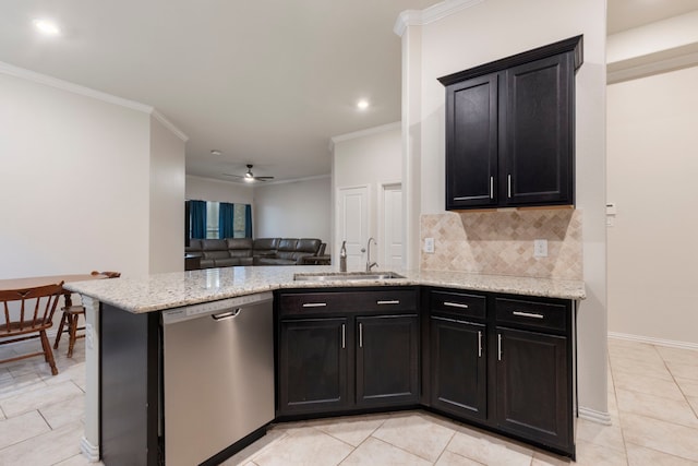 kitchen featuring decorative backsplash, sink, ornamental molding, light tile patterned floors, and stainless steel dishwasher