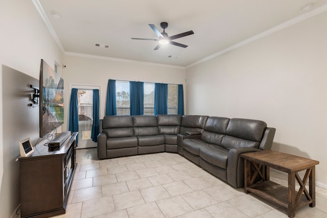 living room featuring ceiling fan, light tile patterned floors, and crown molding