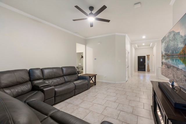 living room featuring ceiling fan, light tile patterned floors, and crown molding