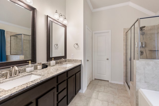 bathroom featuring vanity, crown molding, separate shower and tub, and tile patterned flooring