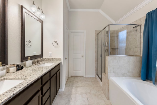 bathroom featuring vanity, tile patterned flooring, ornamental molding, and shower with separate bathtub