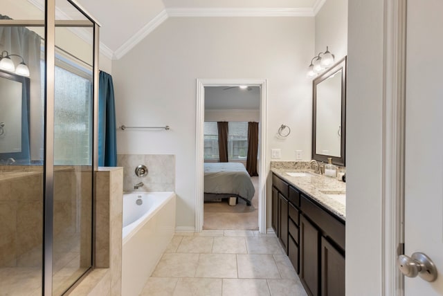 bathroom with independent shower and bath, crown molding, tile patterned floors, and vanity