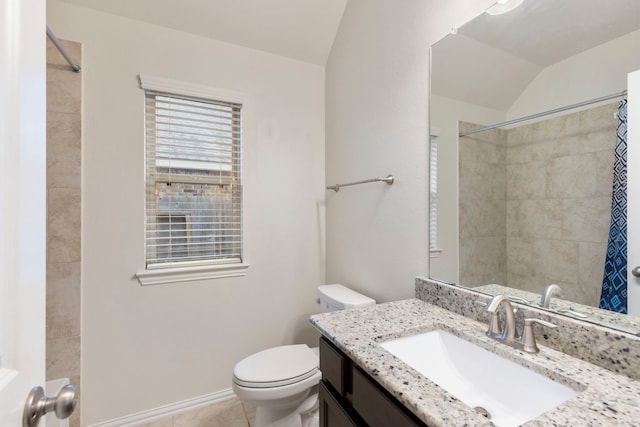 bathroom featuring vaulted ceiling, tile patterned floors, vanity, toilet, and a shower with shower curtain