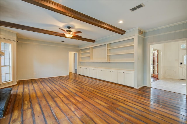 unfurnished living room with ceiling fan, ornamental molding, a healthy amount of sunlight, and light hardwood / wood-style floors