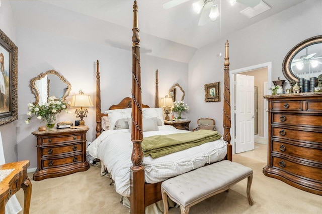 carpeted bedroom featuring ceiling fan and lofted ceiling